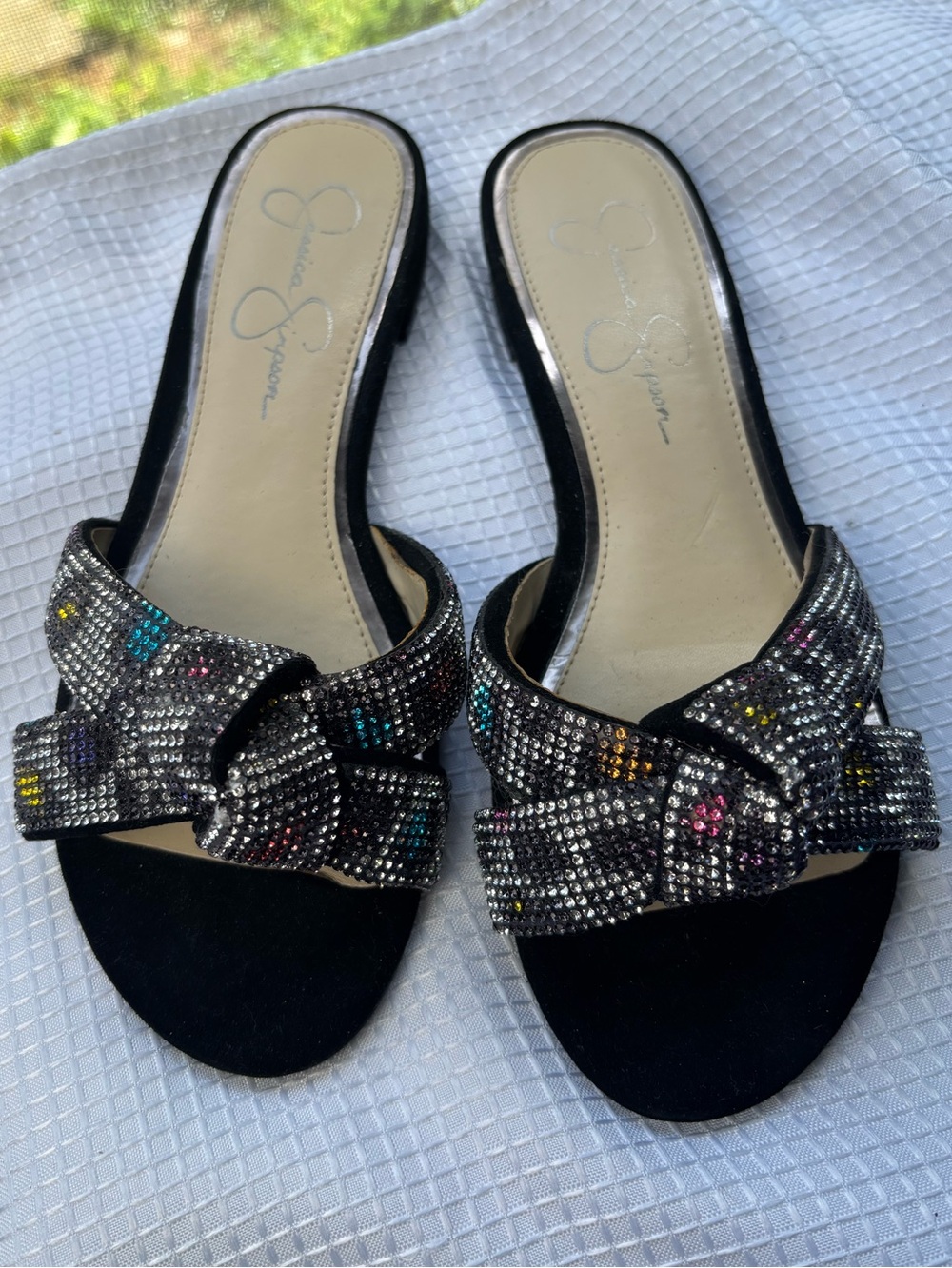 Jessica Simpson Alisen Black Crystal Cross-Strap Slide Sandal Women’s Size 7
